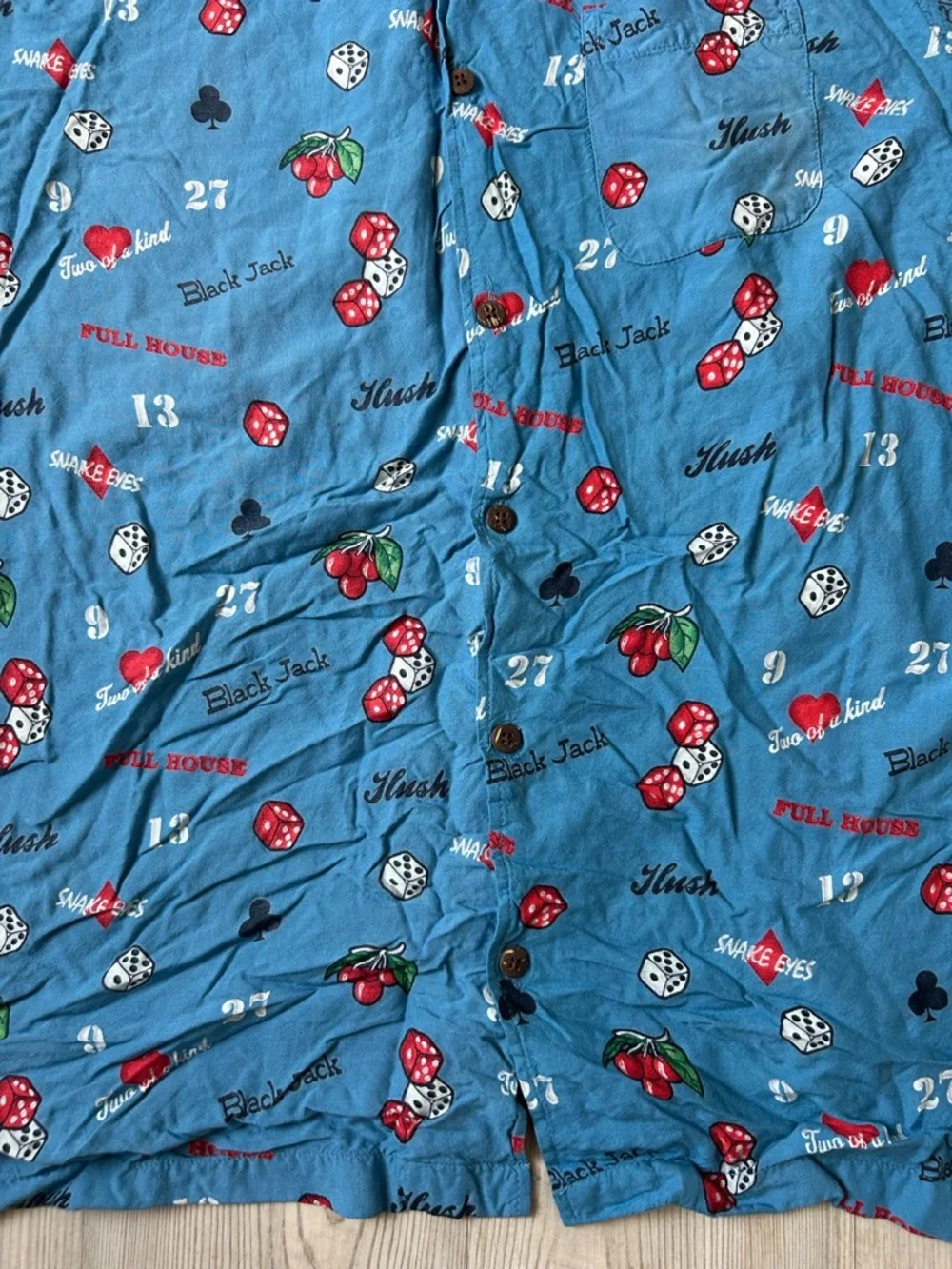 Steve & Barry's Blue Casino Dice & Cherries Button-Up Shirt - Picture 2 of 5